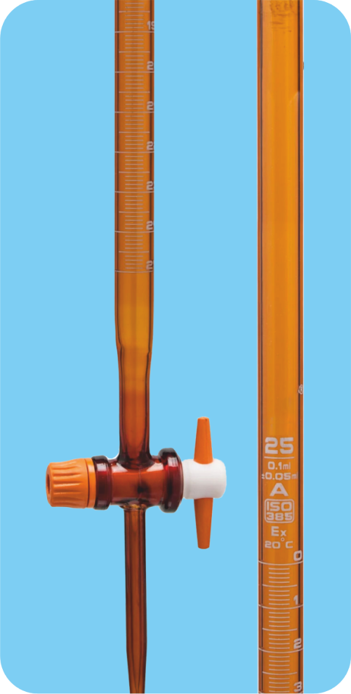 Burettes, Straight Bore, with Glass Key, Amber Class B